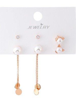 Pazarois Altın Renk Inci ve Taş Detaylı Bijuteri Çoklu Küpe Seti