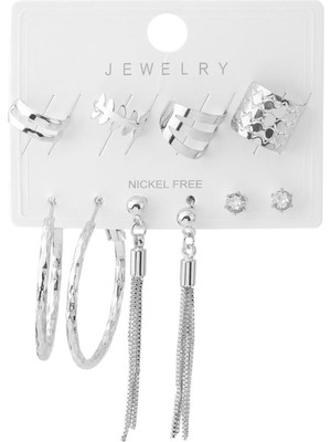 Pazarois Gümüş Renk Zincir Detaylı Halka ve Minimal Bijuteri Çoklu Küpe Seti