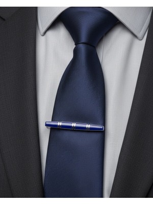 Gümüş Mavi Desenli Lüx Kravat Maşası & Iğnesi