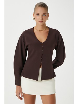 Ritnice Kadın Osea Premium Bele Oturan Kahverengi Şık Düğme Detay Peplum Bluz