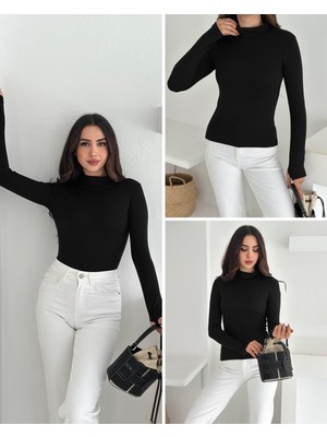 Elaxi Kadın Yarım Balıkçı Yaka Parmak Geçmeli Full Likralı Buzz Body