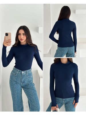 Elaxi Kadın Yarım Balıkçı Yaka Parmak Geçmeli Full Likralı Buzz Body