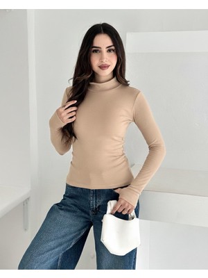 Elaxi Kadın Yarım Balıkçı Yaka Parmak Geçmeli Full Likralı Buzz Body