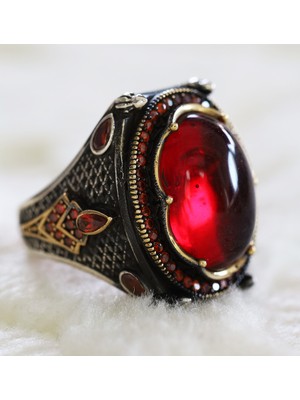 Canka Kırmızı Taşlı 925 Ayar Gümüş Erkek Yüzük