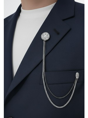 Gümüş Beyaz Taşlı Ceket & Damatlık & Blazer Zincirli Yaka Aksesuarı