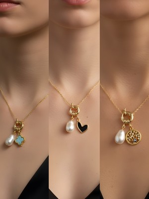 NKT Collection Hayat Ağacı Siyah Kalp Turkuaz Yonca Incili Kolye