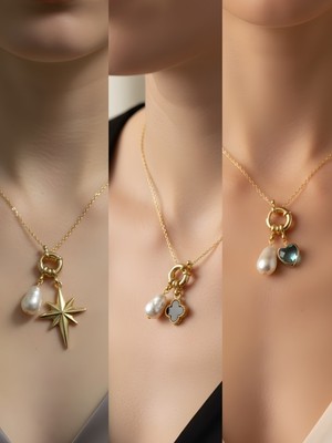 NKT Collection Turkuaz Kalp Siyah Yonca Kutup Yıldızı Incili Kolye