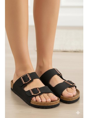 Shoemix Siyah Mat Çift Bantlı Ayarlanabilir Tokalı Yazlık Terlik
