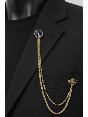 Gold Renk Lacivert Taşlı Ceket & Damatlık & Blazer Zincirli Yaka Aksesuarı