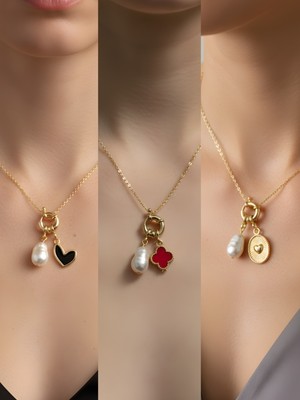 NKT Collection Kabartma Kalp Siyah Kalp Kırmızı Yonca Incili Kolye