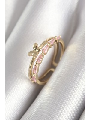 Epilons Pirinç Gold Renk Zirkon Taşlı Kelebek Figür Kadın Yüzük - TJ-BYK3074