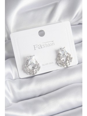 Epilons Pirinç Gümüş Renk Zirkon Taşlı Kadın Küpe - TJ-BKP8394