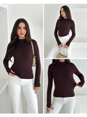 Elaxi Kadın Yarım Balıkçı Yaka Parmak Geçmeli Full Likralı Buzz Body