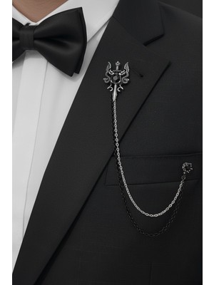 Gümüş Renk Retro Ejderha ve Kılıç Ceket & Damatlık & Blazer Zincirli Yaka Aksesuarı