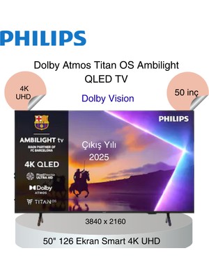 Philips 2025 Yılı Model  50'' 126 Ekran Uydu Alıcılı 4K Ultra Hd Titan Ambilight QLED Tv