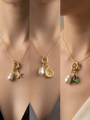 NKT Collection Zümrüt Yeşili Damla Deniz Kabuğu Deniz Yıldızı Incili Kolye