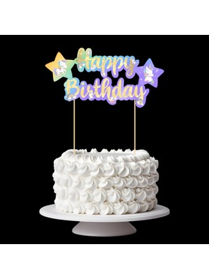 Unicorn Temalı Happy Birthday Kaligrafi Pasta Üstü Süs