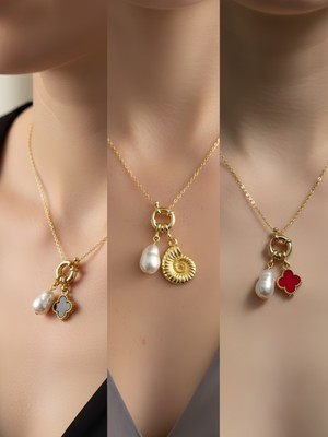 NKT Collection Deniz Kabuğu Kırmızı Yonca Deniz Yıldızı Incili Kolye