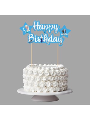Elsa Frozen Temalı Happy Birthday Kaligrafi Pasta Üstü Süs