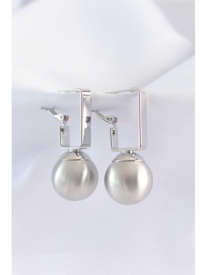 Epilons Pirinç Gümüş Renk Dikdörtgen Detay Oval Küpe - TJ-BKP8914