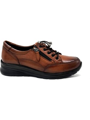 Kindep Yan Fermuar Detaylı Hakiki Deri Poli Haif Taban Comfort Kadın Ayakkabı Taba