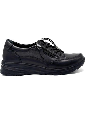 Kindep Yan Fermuar Detaylı Hakiki Deri Poli Haif Taban Comfort Kadın Ayakkabı Siyah