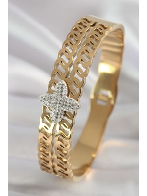 Epilons 316L Çelik Gold Renk Zirkon Taşlı Çiçek Model Kadın Kelepçe - TJ-BB5902
