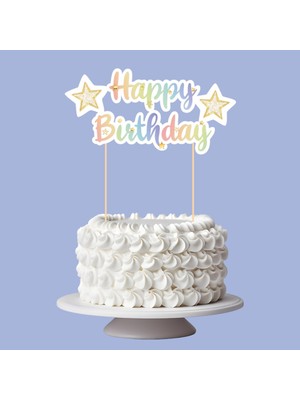 Renkli Yıldız Temalı Happy Birthday Kaligrafi Pasta Üstü Süs