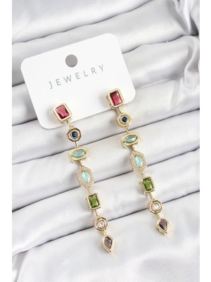 E-Woman Pirinç Renkli Zirkon Taşlı Sallantılı Model Gold Renk Kadın Küpe - Lisinya