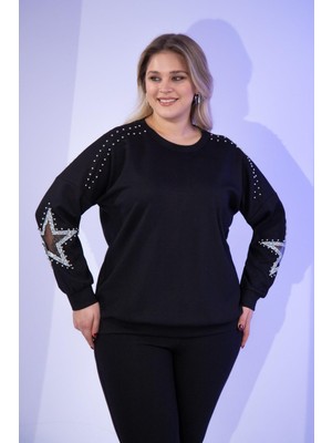 Roxxlen Büyük Beden Yıldız Taşlı Sweat Beyaz
