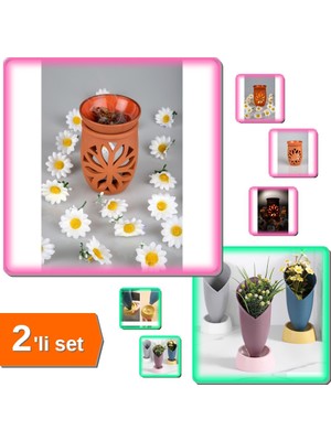 Hereveoyuncak Lotus Çiçeği El Yapımı Çömlek Buhurdanlık + Lale Figürlü Dekoratif Vazo 2li Set Q7R3P9
