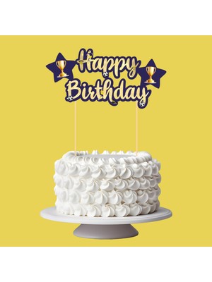 Sarı Lacivert Taraftar Temalı Happy Birthday Kaligrafi Pasta Üstü Süs