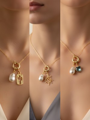 NKT Collection Turkuaz Kalp Güneş Beyaz Kalp Incili Kolye