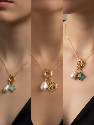 NKT Collection Zümrüt Yeşili Yıldız Hayat Ağacı Turkuaz Yonca Incili Kolye