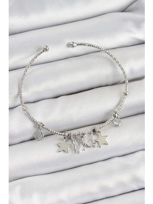 Pirinç Zirkon Taşlı Kelebek ve Yıldız Model Gümüş Renk Charm Bileklik