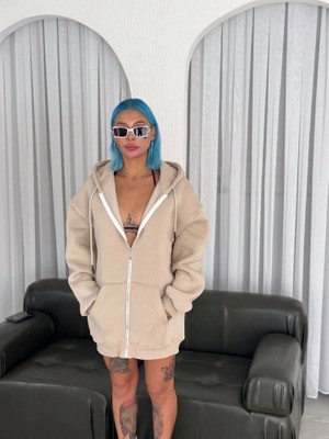 Cottonlab Oversize Tam Fermuarlı Uzun Kol Hırka - Bej