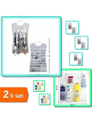 Hereveoyuncak Siyah Çizgili Elbise Şeklinde Çift Taraflı + 8 Cepli Mutfak Banyo File Organizeri - 2li Set H3K1Z1