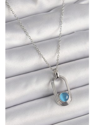 316L Çelik Gümüş Renk Zincir Mavi Kedi Göz Model Kadın Kolye