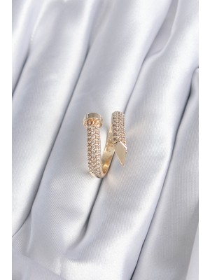 Pirinç Gold Renk Çivi Model Zirkon Taşlı Kadın Yüzük