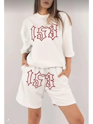 Cottonlab Unisex Nakış Işlemeli Şort Takım - Beyaz