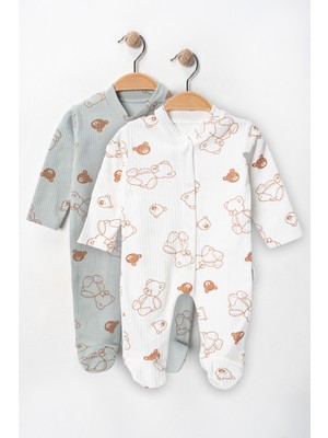 2'li %100 Pamuklu Patikli Ayıcık Desenli Yenidoğan Tulum Seti | Çıtçıtlı | 0-3-6 Ay | Unisex