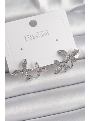 Pirinç Gümüş Renk Zirkon Taşlı Kelebek Model Kadın Küpe