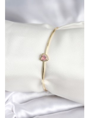 Pembe Zirkon Taşlı Kalp Model Gold Renk Kadın Bileklik