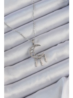 316L Çelik Zincir Gümüş Renk Işlemeli Zirkon Taşlı Ay Kolye