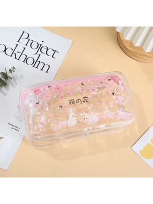 Kawai Sakura Tavşan Simli Pullu Sulu Şeffaf Kalemlik Kalem Kutusu Makyaj Çantası Cüzdan Düzenleyici