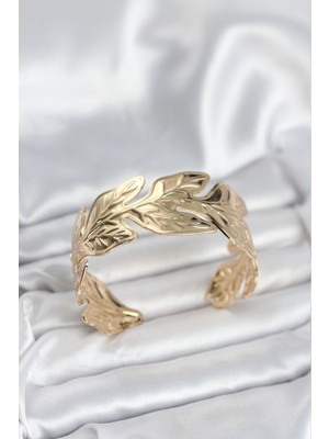 Gold Renk Pirinç Levha Yaprak Model Kadın Bileklik