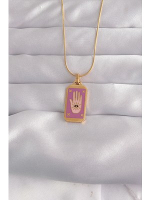 316L Çelik Gold Renk Mor Mineli El Figür Tarot Kolye
