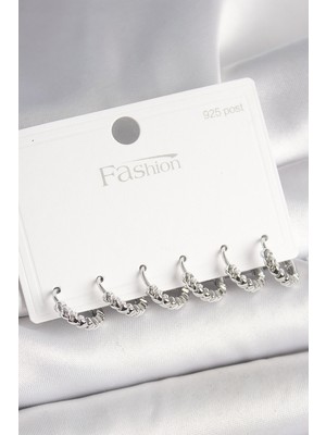 925 Ayar Gümüş Çivi Pirinç Gümüş Renk Kalp Işlemeli Halka Model Kadın Küpe Seti