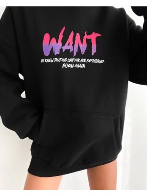 Etiler Collection Baskılı Üç Iplik Kapüşonlu Oversize Sweatshirt - Siyah