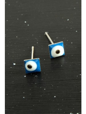 Mavi Renkli Kare Nazar Mineli Minik Küpe 1 Çift